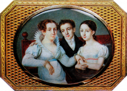 Евгения Андреевна Глинка с сыном Михаилом и дочерью Пелагеей. Миниатюра на табакерке (работа неизвестного художника, первая треть ХIХ века)